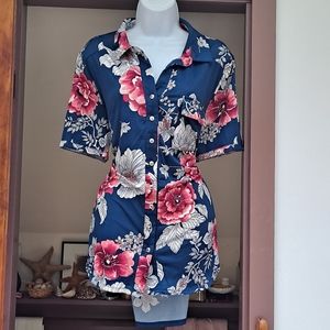 Sweet Lindsey Blue Pink Floral Blouse Button down Short Sleeve PLUS SIZE 1X
